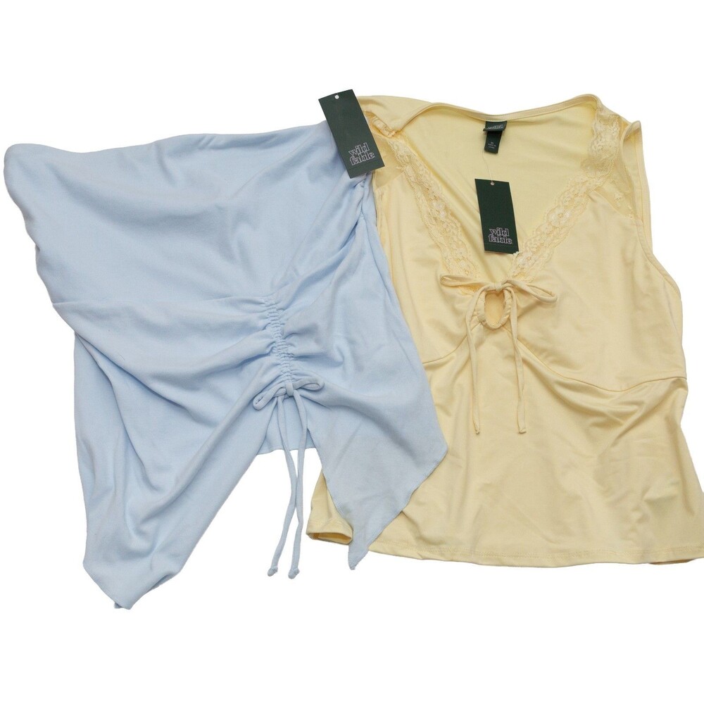Wild Fable Lot of 2 XL Tops Yellow Lace Tank & Blue Ruched Scarf‎ Top NWT